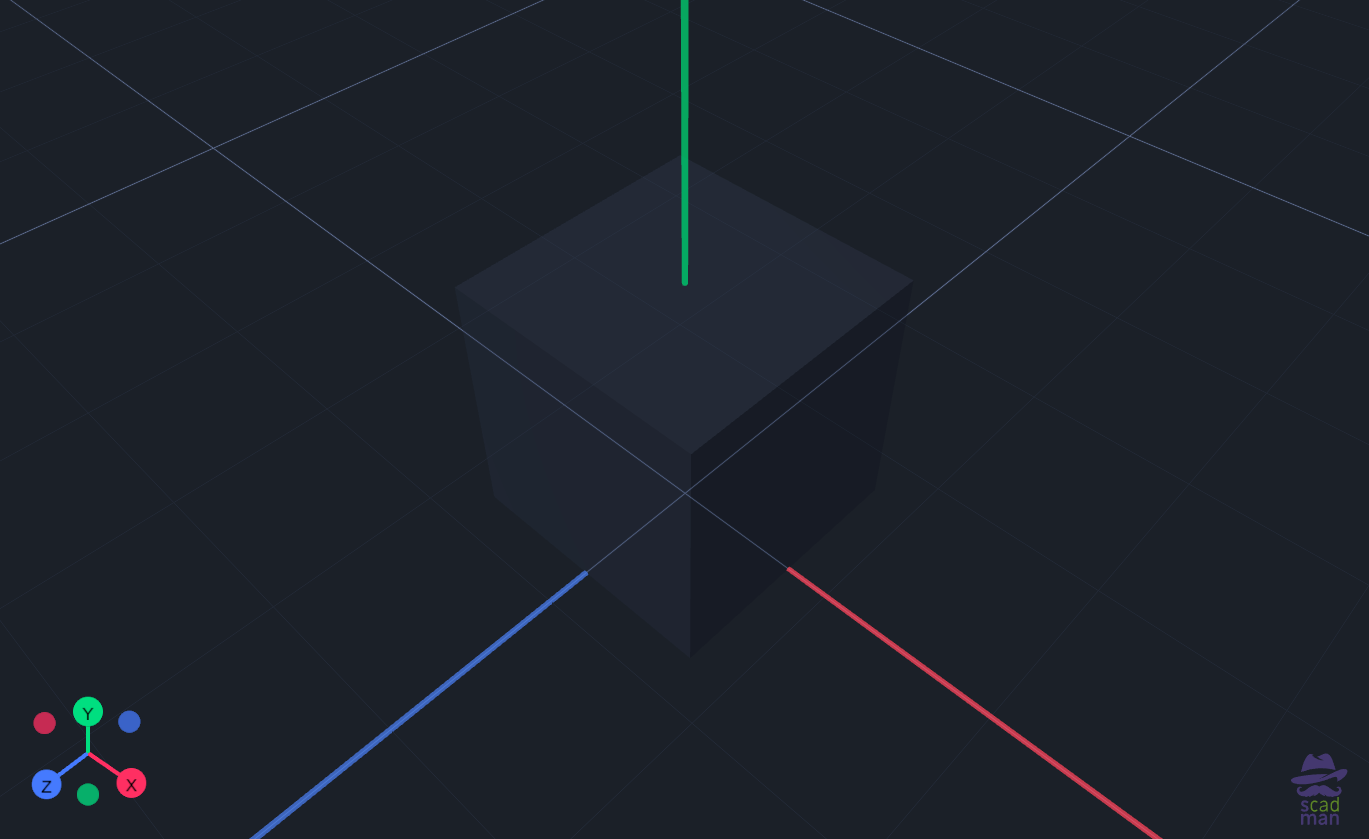 *Coordinate system axes (X red, Y green, Z blue) with a small cube at the origin*