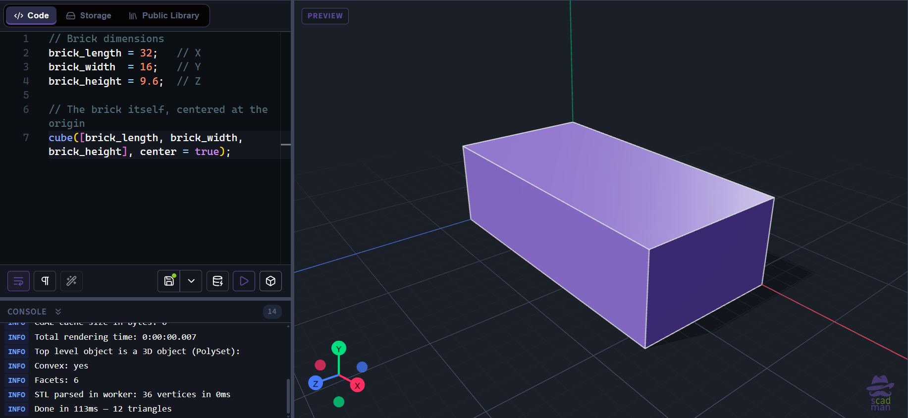*Rendered brick, front and isometric views, with dimension arrows showing length/width/height*