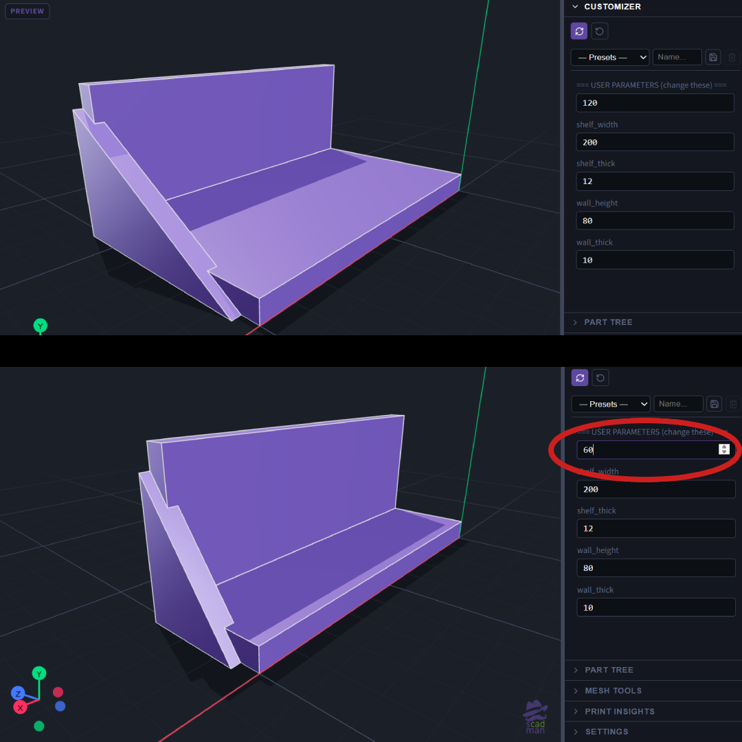 Side-by-side comparison of the same shelf with two different depth values