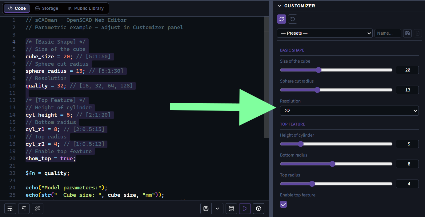 Side-by-side view of source code with Customizer comments and the resulting Customizer panel in scadman.xyz