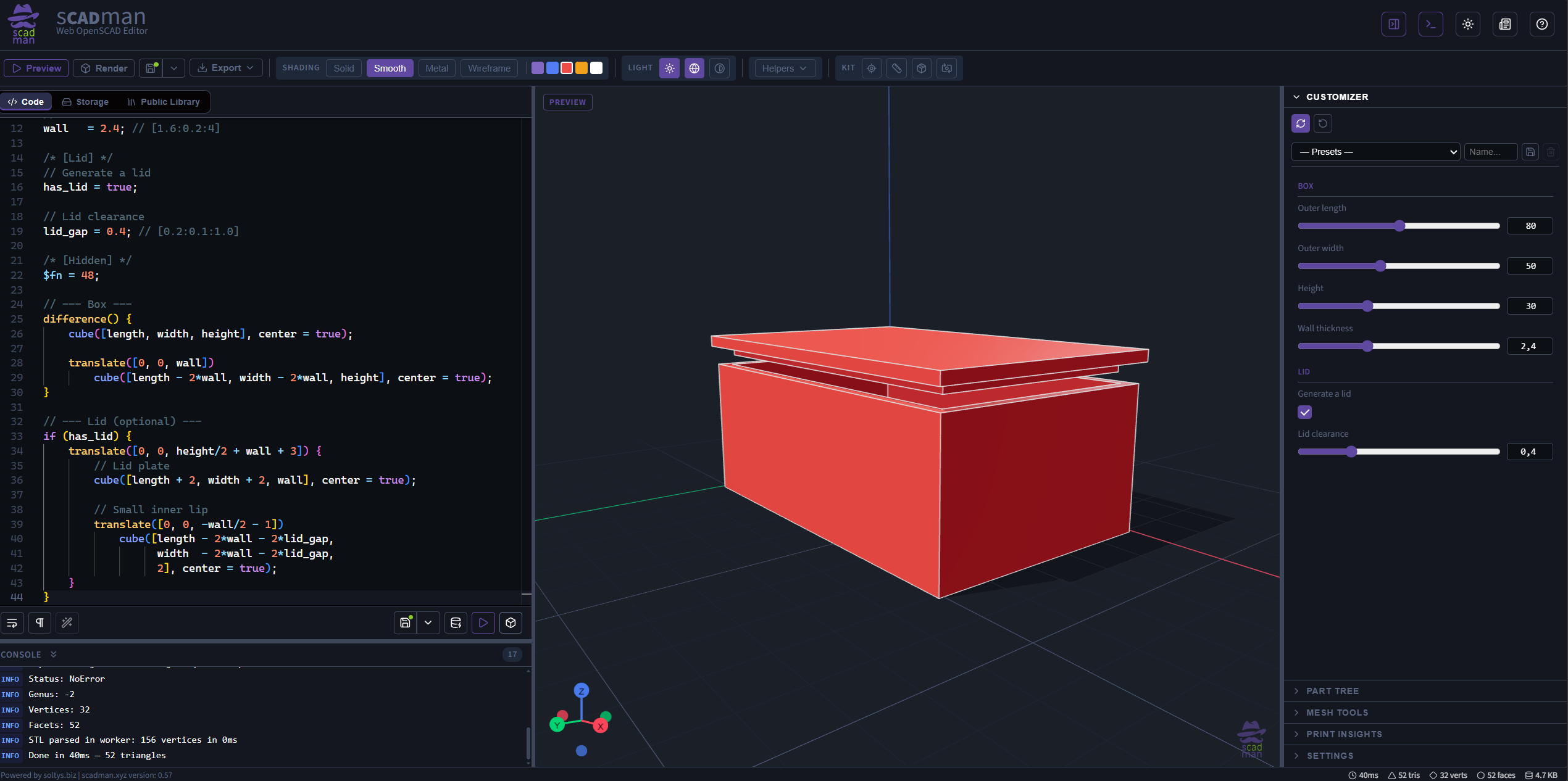 Full example of parametric box with lid